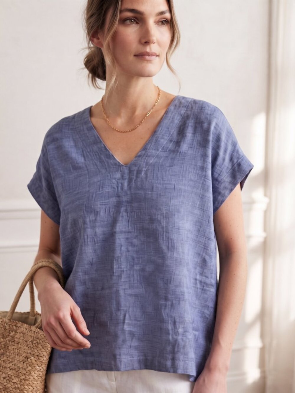CP Shades 100% Linen Boxy V-Neck Blue Short Sleeve Blouse -S- Fits XL-MSRP $150